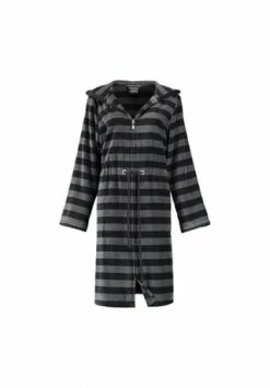 Cawö Bademantel Damen Kurzmantel Mit Reißverschluss Und Kapuze Streifen 2112 Schwarz - 97 Schwarz